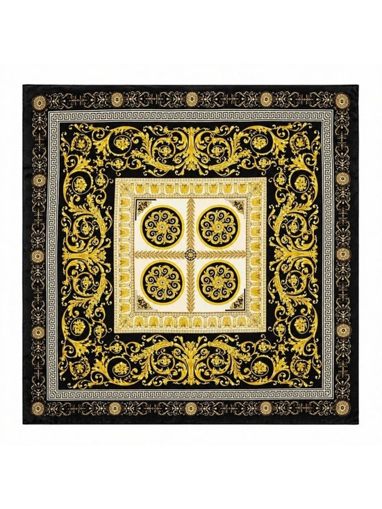 Z-A LLC Accessories - Luxury Gold Baroque Satin Square Scarf for Women – Black & Gold Ornate Chain